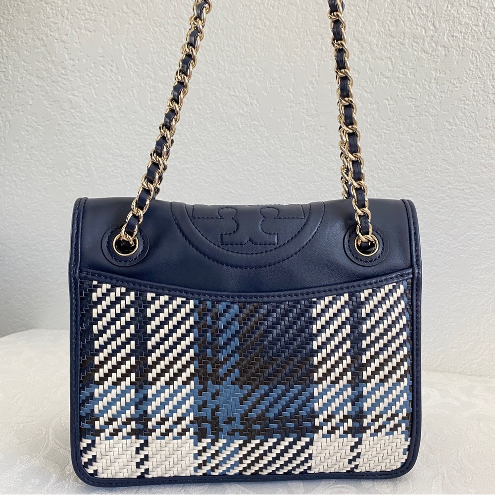 Tory Burch navy woven chain strap bag